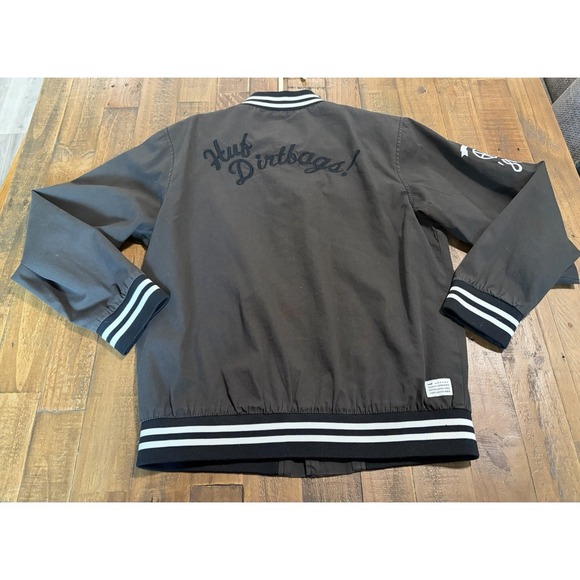 Huf Bomber Jacket Mens Large Black White Skater Full Button "HUF dirtbags" - Picture 7 of 12